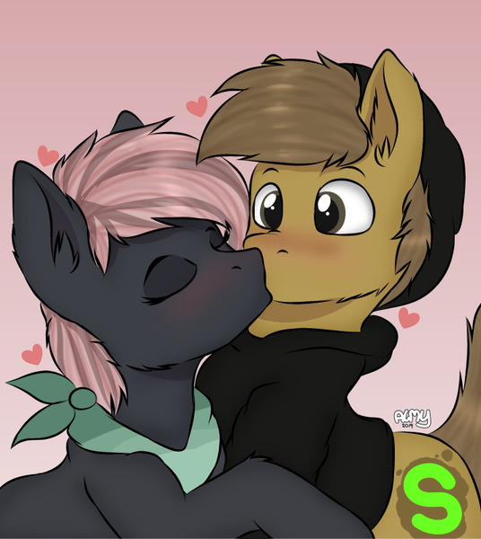 Size: 714x800 | Tagged: safe, artist:almond evergrow, derpibooru import, oc, oc:almond evergrow, oc:siren shadowstone, unofficial characters only, earth pony, pony, blushing, heart, kissing, love, relationship, shipping, sirond, smooch, surprise kiss