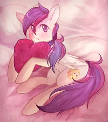 Size: 2376x2688 | Tagged: safe, artist:georgisse-tyan, derpibooru import, oc, oc:evensong, unofficial characters only, pegasus, pony, collar, female, heart, heart pillow, looking at you, mare, pillow, ponytail, solo