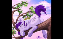 Size: 1280x800 | Tagged: safe, artist:wildviolet-m, derpibooru import, oc, oc:iridescent, unofficial characters only, pegasus, pony, animated, animated background, bandage, butt, commission, dock, eyes closed, feather, featureless crotch, female, flower, gif, heart, heart hoof, mare, multicolored hair, plot, purple mane, rainbow hair, raised tail, sleeping, smiling, solo, tail, tail wag, tree branch, underhoof, ych animation, ych result