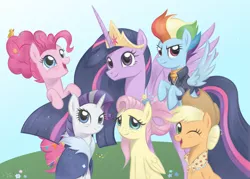 Size: 4559x3272 | Tagged: safe, artist:flutterstormreturns, derpibooru import, applejack, fluttershy, pinkie pie, princess twilight 2.0, rainbow dash, rarity, twilight sparkle, twilight sparkle (alicorn), alicorn, earth pony, pegasus, pony, unicorn, the last problem, applejack's hat, big crown thingy 2.0, cowboy hat, end of ponies, flying, granny smith's scarf, group photo, hat, mane six, older, older applejack, older fluttershy, older mane six, older pinkie pie, older rainbow dash, older rarity, older twilight, smiling