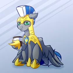 Size: 4000x4000 | Tagged: safe, artist:witchtaunter, derpibooru import, oc, oc:cloud zapper, unofficial characters only, pegasus, pony, absurd resolution, armor, coffee, commission, cup, floppy ears, gradient background, guard, male, royal guard, solo, stallion, tired