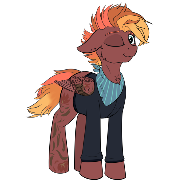 Size: 4000x4000 | Tagged: safe, artist:barhandar, deleted from derpibooru, derpibooru import, oc, oc:ebony winds, unofficial characters only, pegasus, pony, 2020 community collab, derpibooru community collaboration, absurd resolution, cheek fluff, chest fluff, clothes, ear fluff, eyebrows, female, folded wings, jacket, looking at you, mare, one eye closed, simple background, smiling, smirk, solo, tattoo, transparent background, wings, wink