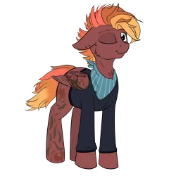 Size: 4000x4000 | Tagged: safe, artist:barhandar, deleted from derpibooru, derpibooru import, oc, oc:ebony winds, unofficial characters only, pegasus, pony, 2020 community collab, derpibooru community collaboration, absurd resolution, cheek fluff, chest fluff, clothes, ear fluff, eyebrows, female, folded wings, jacket, looking at you, mare, one eye closed, simple background, smiling, smirk, solo, tattoo, transparent background, wings, wink