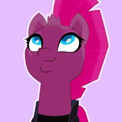 Size: 500x500 | Tagged: safe, artist:reapir, derpibooru import, tempest shadow, pony, unicorn, my little pony: the movie, broken horn, bust, eye scar, female, horn, looking up, mare, movie accurate, outline, scar, simple background, smiling, solo, when she smiles