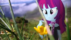 Size: 3840x2160 | Tagged: safe, artist:bastbrushie, derpibooru import, mystery mint, equestria girls, background human, clothes, equestria girls in real life, female, flower, frown, irl, mountain, photo, photomanipulation, scarf, solo