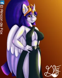 Size: 1000x1250 | Tagged: absolute cleavage, alicorn, alicorn oc, anthro, anthro oc, artist:thedamneddarklyfox, big breasts, black dress, breasts, cleavage, clothes, crown, derpibooru import, dress, female, gradient background, hand on hip, horn, horn ring, jewelry, looking at you, oc, oc:royalis shine, regalia, ring, safe, signature, smiling, smiling at you, solo, wings