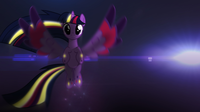 Size: 3840x2160 | Tagged: safe, artist:bastbrushie, derpibooru import, twilight sparkle, twilight sparkle (alicorn), alicorn, pony, lens flare, rainbow power, solo, spread wings, wallpaper, wings