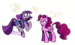 Size: 1780x1080 | Tagged: safe, artist:mushroomcookiebear, derpibooru import, maud pie, pinkie pie, earth pony, pony, ..., duo, duo female, excited, female, jumping, maudie pie, personality swap, siblings, sisters