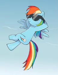 Size: 621x800 | Tagged: safe, artist:yuniuni11, derpibooru import, rainbow dash, pegasus, pony, cool, female, flying, hooves behind head, mare, sky, solo, sunglasses