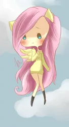 Size: 700x1289 | Tagged: artist:aphriidott, blushing, bottomless, clothes, cloud, cute, derpibooru import, eared humanization, fluttershy, flying, human, humanized, partial nudity, safe, shyabetes, sky, socks, solo, sweater, sweatershy, tailed humanization, winged humanization, wings