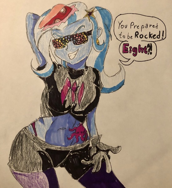 Size: 1872x2046 | Tagged: suggestive, artist:agent8, derpibooru import, trixie, equestria girls, belly button, breasts, busty trixie, callie, clothes, crossover, dialogue, ear piercing, earring, female, glasses, gloves, grin, hypnoshades, jewelry, midriff, piercing, smiling, solo, solo female, splatoon, splatoon 2, tattoo, traditional art