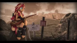 Size: 9600x5400 | Tagged: safe, artist:imafutureguitarhero, derpibooru import, sunset shimmer, anthro, unguligrade anthro, unicorn, 3d, absurd file size, absurd resolution, acoustic guitar, bare shoulders, boots, branches, breasts, briefs, chromatic aberration, cleavage, clothes, cloud, colored eyebrows, colored eyelashes, dead grass, electric fence, female, fence, film grain, fingerless gloves, floppy ears, gloves, grass, guitar, horn, leather, leather boots, leather gloves, long hair, long mane, mare, mountain, multicolored hair, multicolored mane, multicolored tail, musical instrument, open mouth, outdoors, revamped anthros, revamped ponies, shoes, sign, signature, sitting, solo, source filmmaker, sticks, tanktop, text, tree stump, underwear, wall of tags, wallpaper