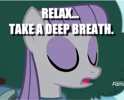 Size: 1339x1085 | Tagged: advice, caption, cropped, derpibooru import, edit, edited screencap, image macro, maud pie, meditating, meditation, safe, screencap, text, yakity-sax