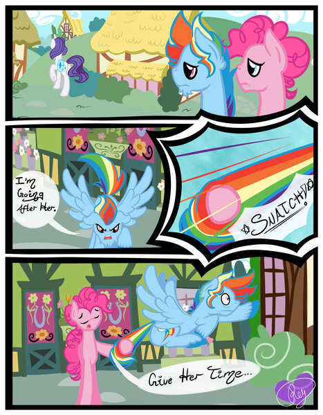 Size: 3500x4500 | Tagged: safe, artist:becauseimpink, derpibooru import, pinkie pie, rainbow dash, rarity, earth pony, pegasus, pony, unicorn, comic:transition, angry, bubble berry, comic, dexterous hooves, dialogue, elusive, eyes closed, flying, male, rainbow blitz, rule 63, sad, stallion, tail, tail pull, transgender