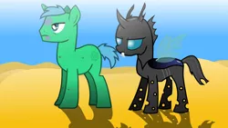 Size: 3840x2160 | Tagged: safe, artist:hybrid-changling, derpibooru import, oc, oc:cloud calculation, unofficial characters only, changeling, pony, unicorn, fanfic:if you want something done right, changeling oc, desert, duo, fanfic art, fangs, frown, horn, male, stallion, unicorn oc