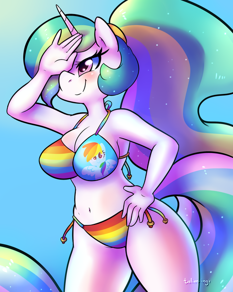 Size: 1500x1875 | Tagged: safe, artist:talimingi, derpibooru import, princess celestia, rainbow dash, alicorn, anthro, pegasus, pony, alternate hairstyle, bikini, blushing, breasts, busty princess celestia, clothes, commission, female, hair over one eye, hand on hip, implied rainbow dash, ponytail, rainbow bikini, rainbow dash bikini, rainbow underwear, smiling, solo, swimsuit, underwear