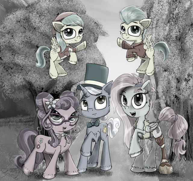 Size: 2000x1871 | Tagged: safe, artist:chopsticks, derpibooru import, barley barrel, kerfuffle, petunia petals, pickle barrel, sunny skies, earth pony, pegasus, pony, unicorn, rainbow roadtrip, bow, clothes, colt, desaturated, female, filly, flying, foal, glasses, hat, male, mare, stallion, top hat, twins