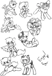 Size: 2028x2946 | Tagged: safe, artist:pomrawr, derpibooru import, oc, unofficial characters only, earth pony, pegasus, pony, unicorn, blushing, clothes, crossed arms, earth pony oc, floral head wreath, flower, gravestone, hair over one eye, horn, lineart, multiple heads, needle, nurse, pegasus oc, prone, raised hoof, scarf, sitting, three heads, tongue out, unicorn oc, wings