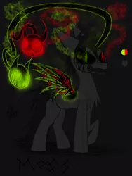 Size: 1200x1600 | Tagged: safe, artist:didun850, derpibooru import, oc, oc:mohag, oc:moss, unofficial characters only, pegasus, pony, shadow pony, dark background, glowing eyes, grin, heterochromia, male, pegasus oc, possessed, raised hoof, reference sheet, sharp teeth, slit eyes, smiling, sombra eyes, stallion, teeth, wings