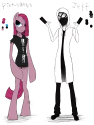 Size: 1200x1600 | Tagged: safe, artist:didun850, derpibooru import, pinkie pie, anthro, earth pony, human, unguligrade anthro, arm hooves, clothes, crossover, duo, eye clipping through hair, face mask, female, jeff the killer, male, meme, pinkamena diane pie, reference sheet
