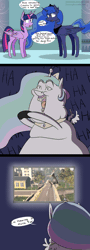 Size: 614x1706 | Tagged: safe, artist:tralalayla, derpibooru import, princess celestia, princess luna, twilight sparkle, twilight sparkle (alicorn), alicorn, pony, animated, chubbylestia, comic, controller, dialogue, faic, fat, female, goat simulator, laughing, mare, morbidly obese, obese, open mouth, speech bubble, video game