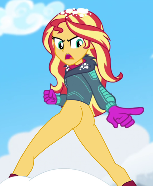 Size: 1375x1675 | Tagged: questionable, artist:gabosor, derpibooru import, edit, edited screencap, screencap, sunset shimmer, equestria girls, equestria girls series, holidays unwrapped, spoiler:eqg series (season 2), angry, ass, boots, bottomless, bunset shimmer, butt, clothes, cropped, female, gloves, legs, looking back, nudity, partial nudity, partial nudity edit, pointing, saving pinkie's pie, shoes, snow, snow fort, snowball fight, solo, solo female, thighs, winter jacket, winter outfit