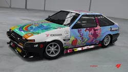 Size: 900x506 | Tagged: safe, derpibooru import, pinkie pie, rainbow dash, pony, car, forza motorsport 4, game screencap, itasha, toyota, toyota sprinter trueno [ae86], video game