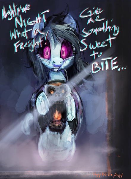 Size: 848x1154 | Tagged: safe, artist:tiffortat, derpibooru import, oc, oc:nippy goosebump, ghost, ghost pony, pony, undead, bone, fog, glowing eyes, halloween, holiday, image, png, skeleton, skull, window