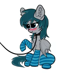 Size: 2000x2000 | Tagged: suggestive, artist:likalido, derpibooru import, oc, oc:midnight dagger, unofficial characters only, bat pony, pony, bat pony oc, bat wings, blushing, chest fluff, clothes, collar, ear fluff, heart eyes, leash, simple background, socks, solo, striped socks, white background, wingding eyes, wings