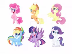 Size: 1032x774 | Tagged: safe, artist:missmele-madness, derpibooru import, applejack, fluttershy, pinkie pie, rainbow dash, rarity, twilight sparkle, twilight sparkle (alicorn), alicorn, earth pony, pegasus, pony, unicorn, my little pony: pony life, deviantart watermark, mane six, obtrusive watermark, unshorn fetlocks, watermark