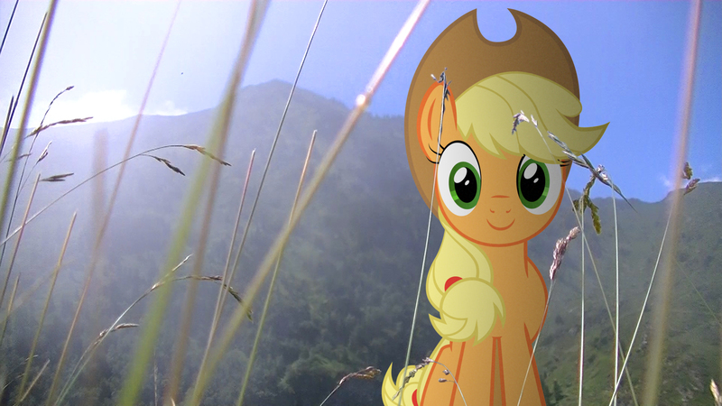 Size: 1920x1080 | Tagged: safe, artist:bastbrushie, artist:cryocubed, derpibooru import, applejack, earth pony, pony, cute, field, irl, jackabetes, lens flare, looking at you, mountain, photo, ponies in real life, solo, vector