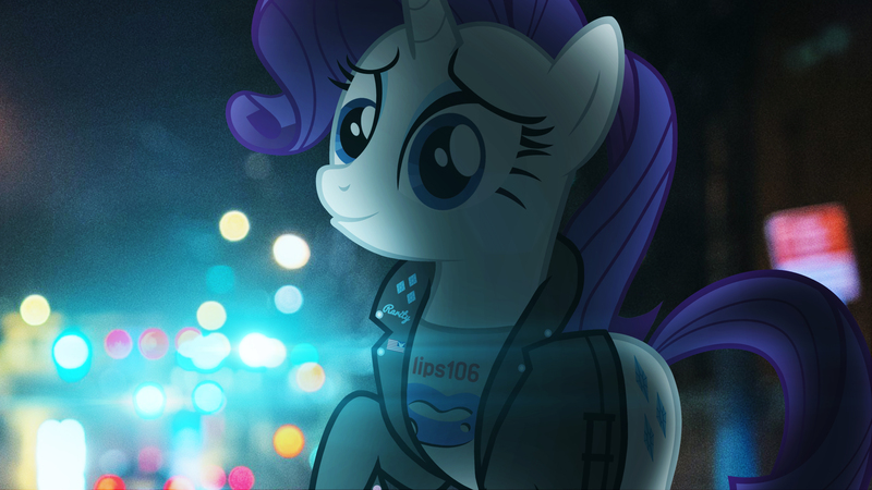 Size: 2444x1375 | Tagged: safe, artist:bastbrushie, artist:sebisscout1997, derpibooru import, rarity, pony, unicorn, clothes, jacket, lens flare, lights, night, rebel, solo