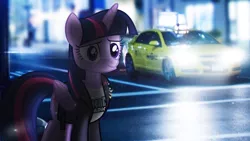 Size: 2444x1375 | Tagged: safe, artist:bastbrushie, artist:sebisscout1997, derpibooru import, twilight sparkle, twilight sparkle (alicorn), alicorn, pony, car, female, greaser, irl, lens flare, manhattan, mare, new york city, night, photo, ponies in real life, rebel, taxi, vector