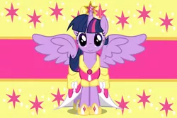 Size: 1200x800 | Tagged: safe, artist:luuandherdraws, derpibooru import, twilight sparkle, twilight sparkle (alicorn), alicorn, pony, big crown thingy, clothes, coronation dress, dress, element of magic, jewelry, regalia, solo