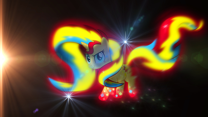 Size: 3840x2160 | Tagged: safe, artist:bastbrushie, derpibooru import, sunset shimmer, pony, unicorn, lens flare, light, rainbow power, stars