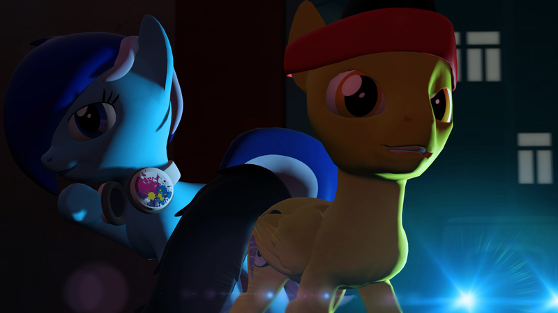 Size: 4337x2440 | Tagged: safe, artist:bastbrushie, derpibooru import, oc, oc:brushie brusha, oc:takenshi6888, pony, 3d, lens flare, night, source filmmaker