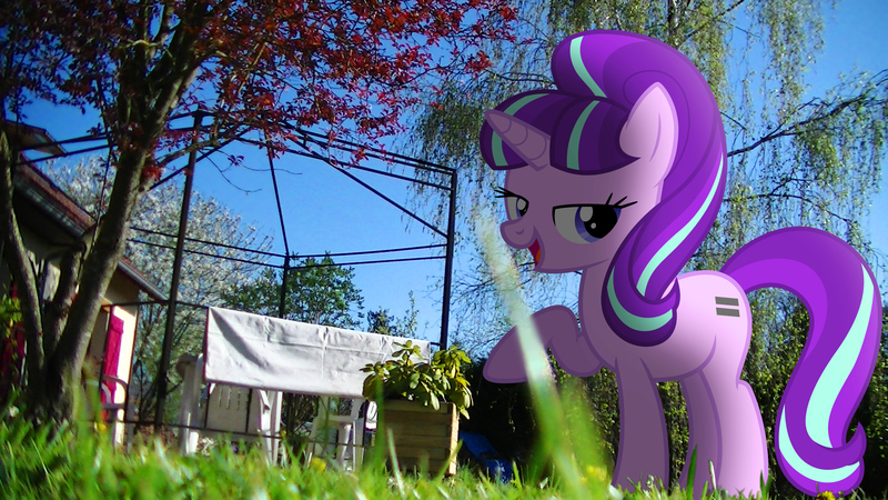 Size: 3840x2160 | Tagged: safe, artist:bastbrushie, artist:dashiesparkle, derpibooru import, starlight glimmer, pony, bedroom eyes, equal cutie mark, fence, garden, irl, photo, ponies in real life, pose, raised hoof, s5 starlight, shadow, solo, tree, vector, yard