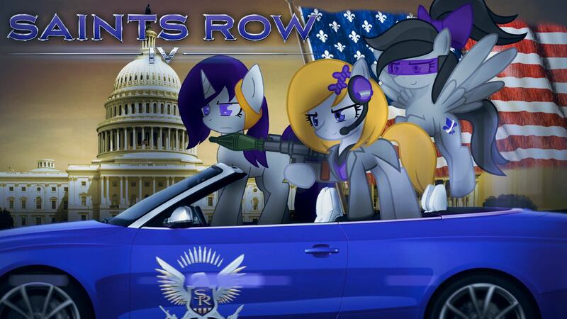 Size: 1920x1080 | Tagged: safe, artist:bastbrushie, derpibooru import, oc, earth pony, pegasus, pony, unicorn, car, flag, rocket launcher, saints row, washington