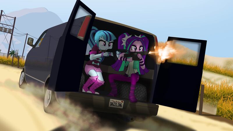 Size: 2444x1375 | Tagged: safe, artist:bastbrushie, derpibooru import, adagio dazzle, aria blaze, sonata dusk, human, equestria girls, assault rifle, burrito, car, combat mg, desert, food, grand theft auto, gta online, gta v, gun, machine gun, mountain, rifle, the dazzlings, type 56, van, weapon