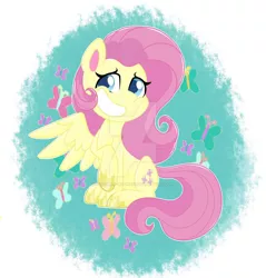 Size: 1280x1338 | Tagged: safe, artist:missmele-madness, derpibooru import, fluttershy, pegasus, pony, my little pony: pony life, deviantart watermark, female, grin, mare, obtrusive watermark, one wing out, raised hoof, sitting, smiling, solo, three quarter view, unshorn fetlocks, watermark, wings