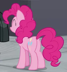 Size: 601x644 | Tagged: safe, derpibooru import, screencap, pinkie pie, earth pony, pony, the last laugh, balloonbutt, butt, cropped, eyes closed, female, happy, mare, plot, rear view