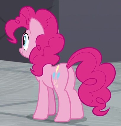 Size: 409x428 | Tagged: safe, derpibooru import, screencap, pinkie pie, earth pony, pony, the last laugh, balloonbutt, butt, cropped, female, mare, plot, rear view, solo