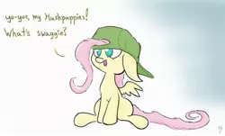 Size: 2339x1409 | Tagged: safe, artist:heir-of-rick, derpibooru import, fluttershy, pegasus, pony, backwards ballcap, baseball cap, cap, cute, female, floppy ears, gangsta, hat, hug life, mare, open mouth, radical, shyabetes, sitting, smiling, snapback, solo, swag