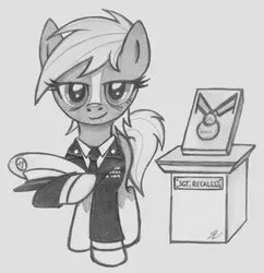 Size: 914x943 | Tagged: safe, artist:lockerobster, derpibooru import, ponified, ponified:sgt. reckless, earth pony, pony, /mlp/, army, dress uniform, female, mare, medal, military, military uniform, monochrome, solo