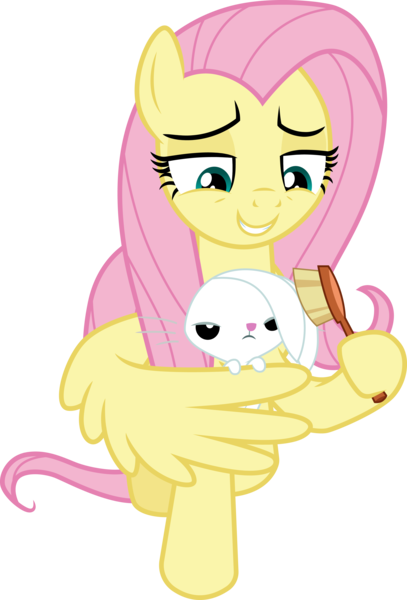 Size: 3000x4422 | Tagged: safe, artist:cloudyglow, derpibooru import, angel bunny, fluttershy, pegasus, pony, rabbit, a trivial pursuit, .ai available, animal, brush, cute, lidded eyes, shyabetes, simple background, smiling, transparent background, vector
