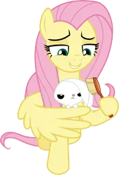 Size: 3000x4422 | Tagged: safe, artist:cloudyglow, derpibooru import, angel bunny, fluttershy, pegasus, pony, rabbit, a trivial pursuit, .ai available, animal, brush, cute, lidded eyes, shyabetes, simple background, smiling, transparent background, vector