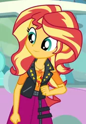 Size: 702x1006 | Tagged: safe, derpibooru import, screencap, sunset shimmer, driving miss shimmer, equestria girls, equestria girls series, clothes, cropped, cute, cutie mark, cutie mark on clothes, geode of empathy, image, jewelry, leather vest, magical geodes, necklace, png, shimmerbetes, shoulderless shirt, skirt, solo, spikes