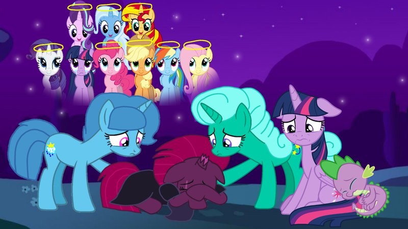 Size: 1920x1080 | Tagged: safe, artist:徐詩珮, derpibooru import, applejack, fizzlepop berrytwist, fluttershy, glitter drops, pinkie pie, rainbow dash, rarity, spike, spring rain, starlight glimmer, sunset shimmer, tempest shadow, trixie, twilight sparkle, twilight sparkle (alicorn), alicorn, unicorn, series:sprglitemplight diary, series:springshadowdrops diary, alternate universe, bisexual, broken horn, clothes, crying, cute, female, glitterbetes, glitterlight, glittershadow, glitterspike, horn, implied death, lesbian, male, mane seven, mane six, mare, polyamory, sad, scarf, shipping, simple background, spikeshadow, sprglitemplight, sprglitempspilight, springbetes, springdrops, springlight, springshadow, springshadowdrops, springspike, straight, tempestbetes, tempestlight, transparent background, twiabetes, twispike