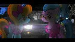 Size: 3860x2171 | Tagged: safe, artist:bastbrushie, artist:vbastv, derpibooru import, surf, turf, earth pony, pony, surf and/or turf, car, lens flare, police