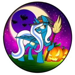 Size: 2274x2268 | Tagged: safe, artist:mlp-l-master, derpibooru import, oc, oc:fleurbelle, alicorn, bat, pony, alicorn oc, broom, female, grin, halloween, hat, holiday, horn, mare, moon, pumpkin, smiling, wings, witch hat, yellow eyes